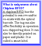 Text Box: What is uniqueness about Chipless RFID?A chipless RFID has the potential to remove and/or co-exists with the optical barcode. The tag can also offer flexibility in operation as a chipped tag does. It can also be directly printed on paper and plastic. It is called a smart label.
